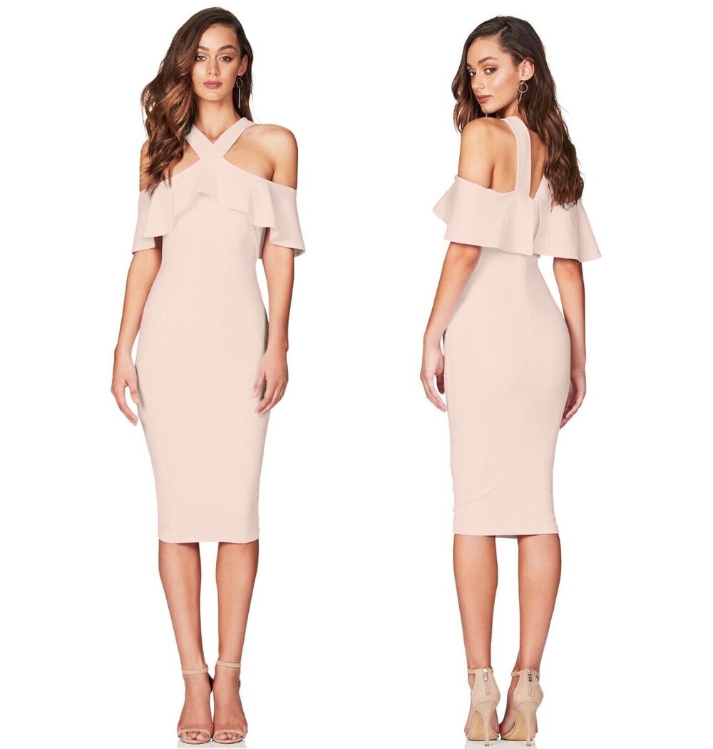 Nookie Hermosa Midi Dress Blush Pink Ruffle Off Shoulder Stretch Cocktail L NWT